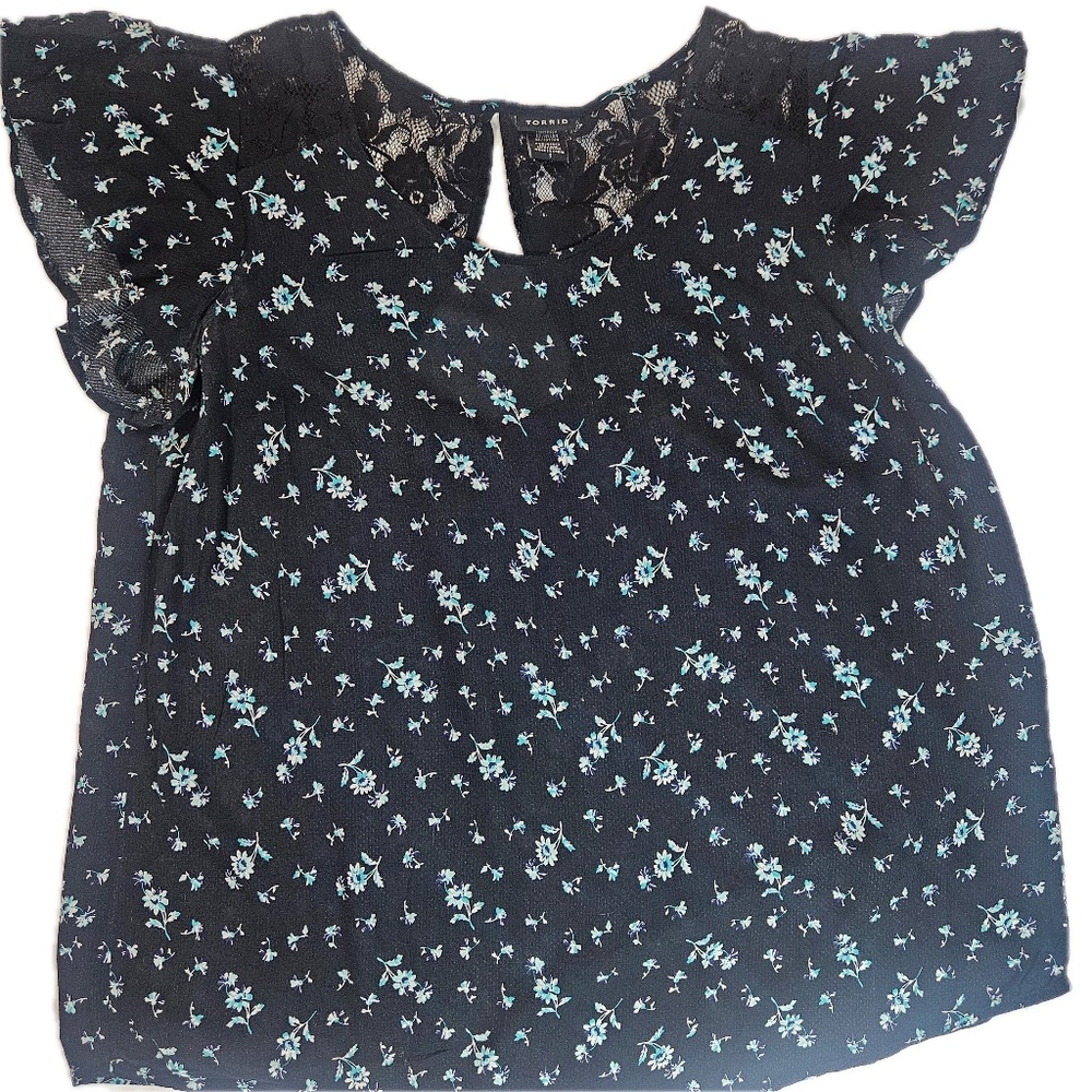 Torrid Blouse Womens‎ 1 Black Blue Floral Lace Yoke Flutter Sleeve Top Plus Size